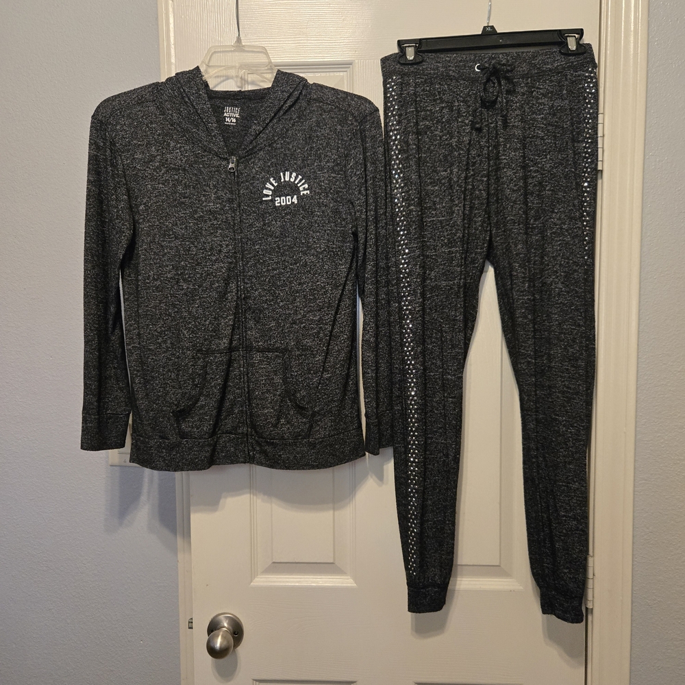 Justice Girls Charcoal Gray Hooded Zip-Up Set with Rhinestone Trim On Pants